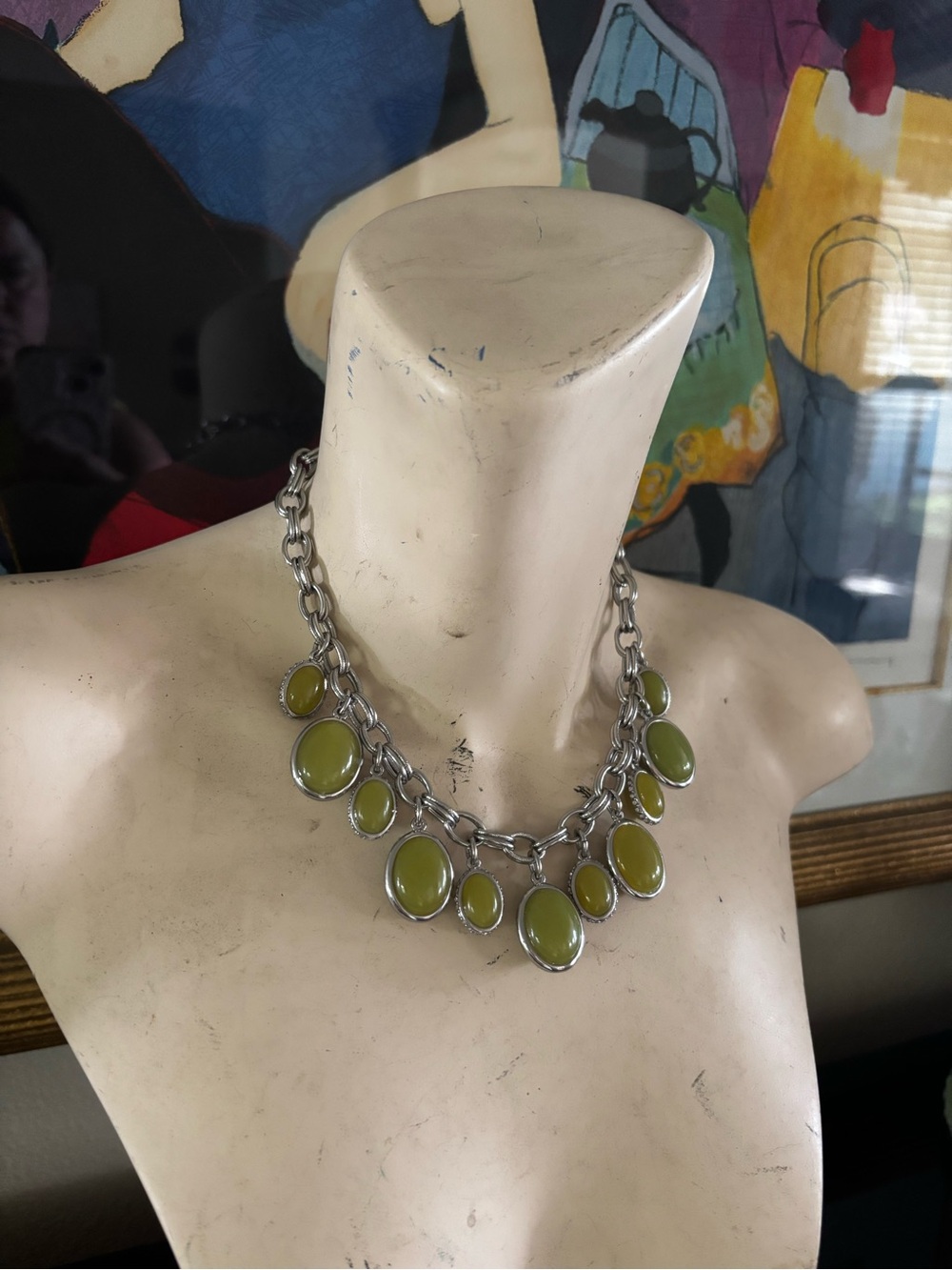 Ann Taylor Olive Green and Silver Oval Stone Statement Necklace - Women Jewelry